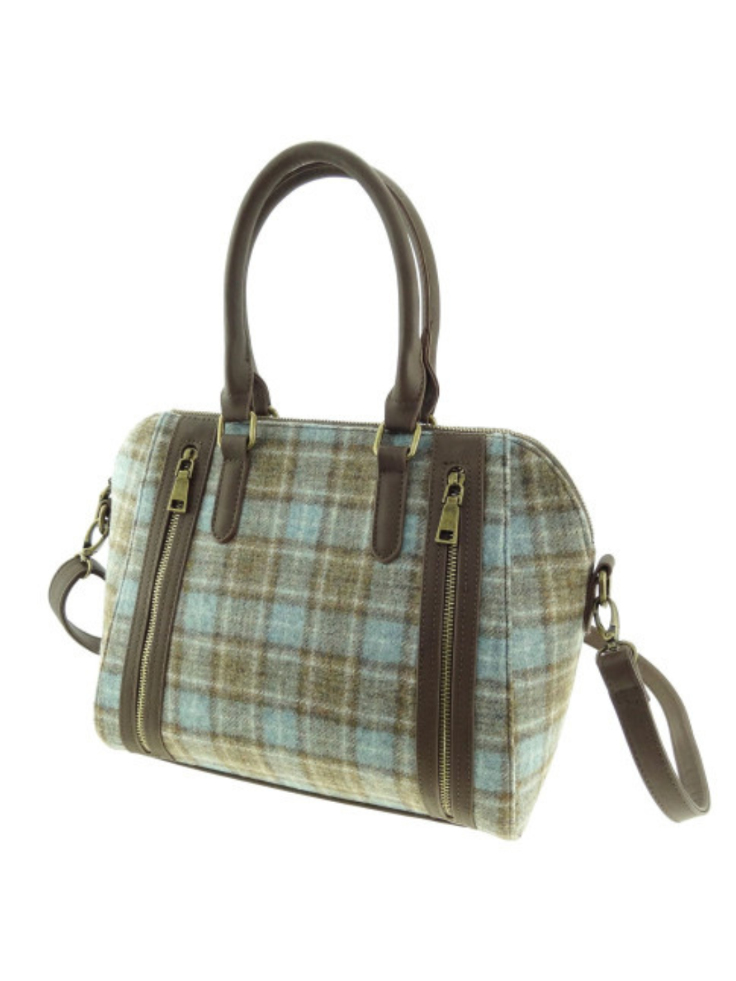 Women’s Tweed Handbag | Light blue and brown check tweed bag with leather handles, twin front zips and detachable shoulder strap