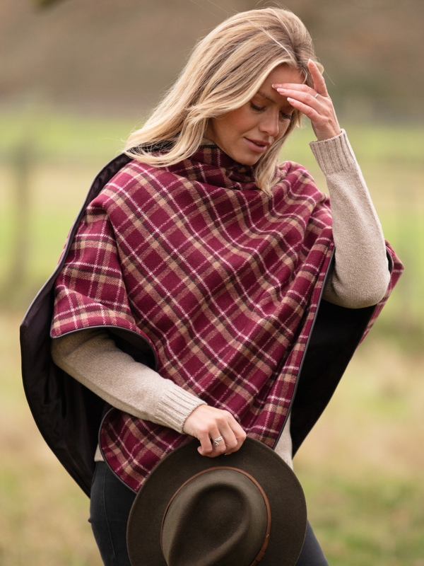 Made in England Tweed Shawl in Heavy Burgundy Check Wool with Chocolate Brown Satin Lining – Finished with Dark Brown Leather-Look Binding and Gold John Partridge Studs – Classic British Wrap for Women