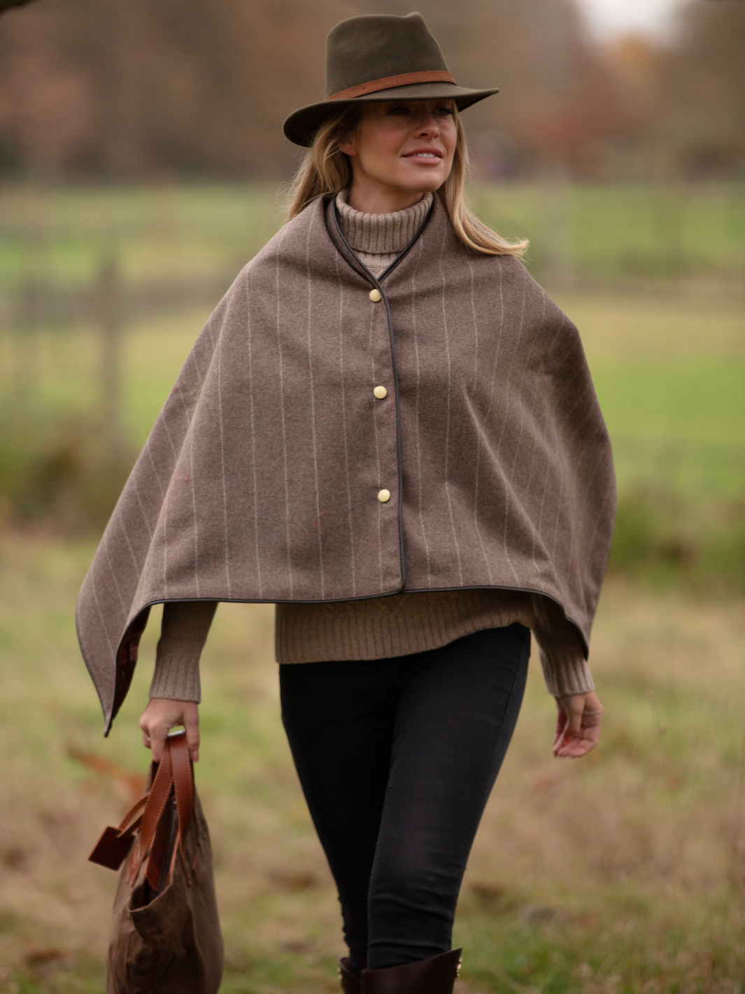 Made in England Tweed Shawl in Mouseback Grey 100% Wool with Subtle Stripe Detail and Rich Rust Satin Lining – Finished with Dark Brown Leather-Look Binding and Gold John Partridge Stud Fastenings – Classic British Wrap for Women