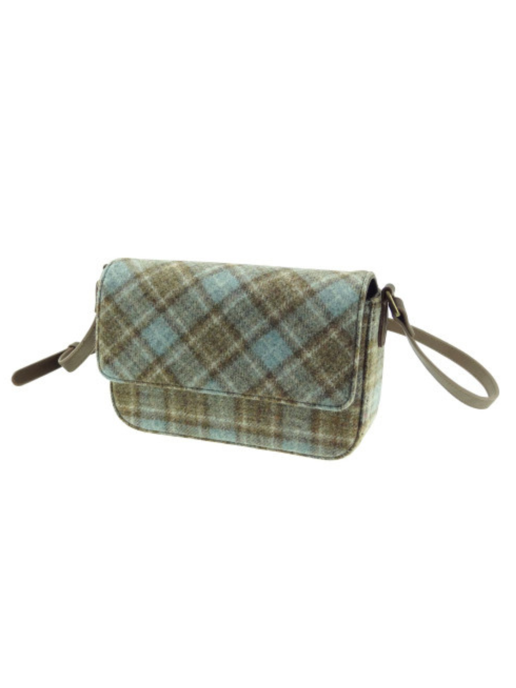 Women’s Tweed Crossbody Bag | Light blue and brown check tweed bag with flap front and adjustable shoulder strap