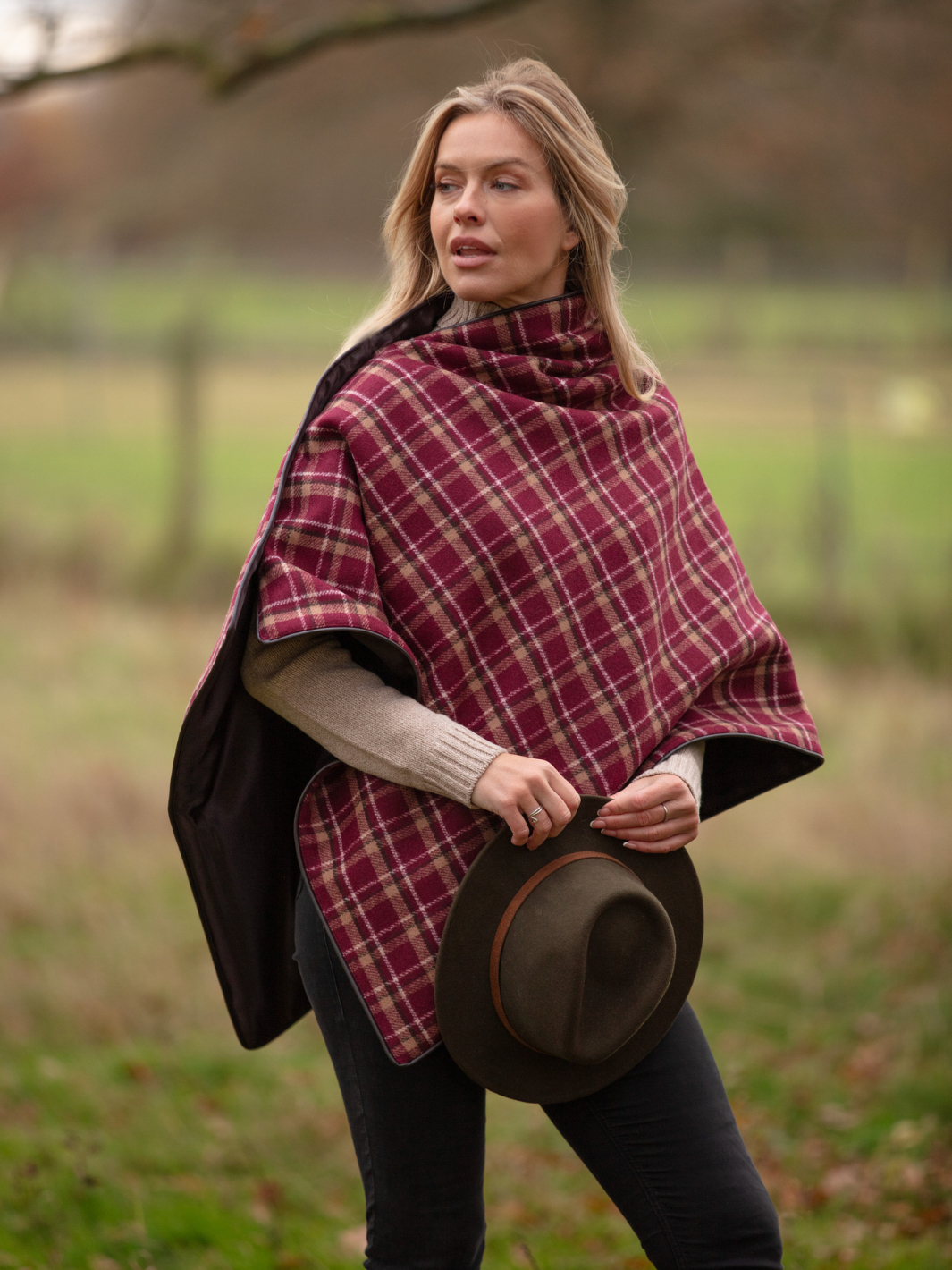 Made in England Tweed Shawl in Heavy Burgundy Check Wool with Chocolate Brown Satin Lining – Finished with Dark Brown Leather-Look Binding and Gold John Partridge Studs – Classic British Wrap for Women