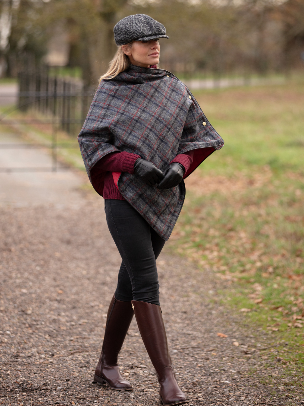 Made in England Tweed Shawl | Women’s dark grey checked wool wrap with red quilted lining, brown trim and gold John Partridge studs