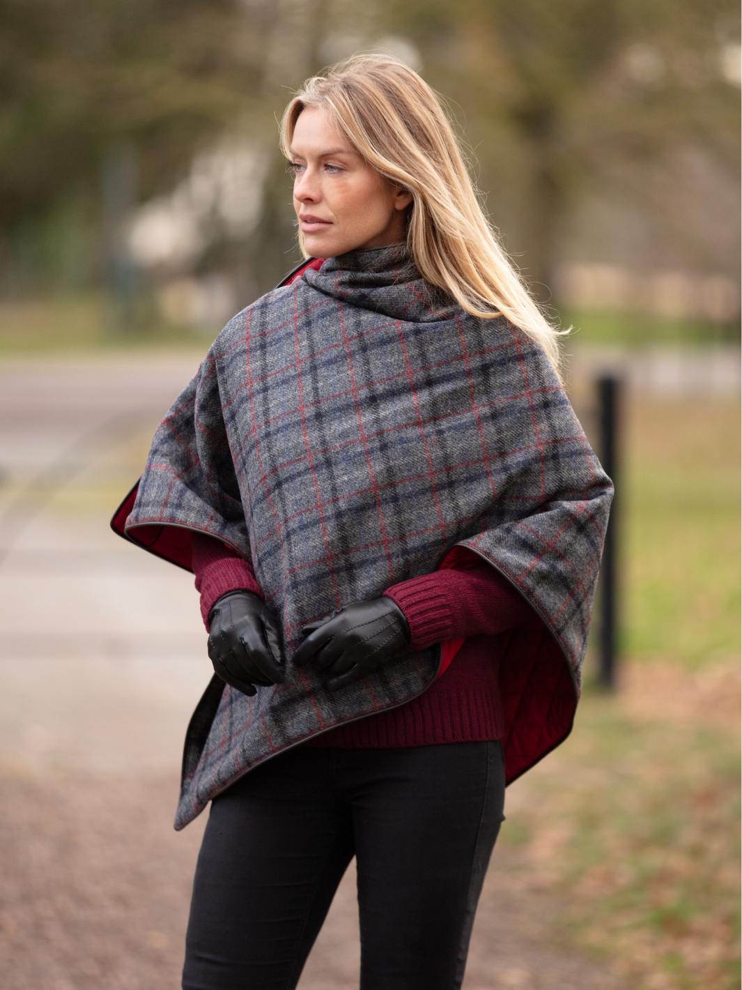 Made in England Tweed Shawl | Dark grey British wool wrap with large red, navy and black check, red quilted lining and brown binding