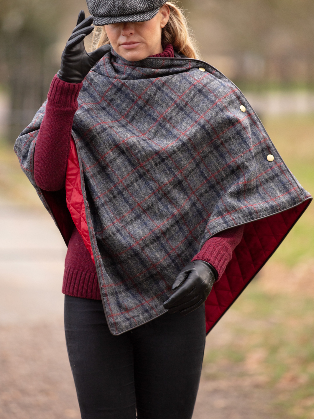 Made in England Tweed Shawl | Luxury women’s wool shawl in dark grey check with red lining, dark brown edging and gold stud details
