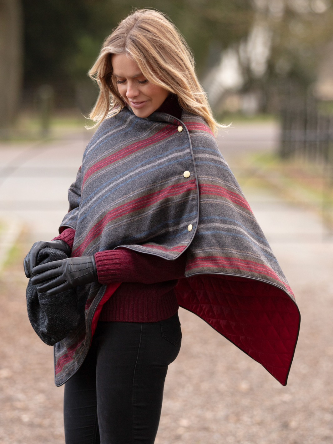 Made in England Tweed Shawl | Elegant dark grey wool wrap with red, blue and pale grey stripes, contrast red lining and brown trim