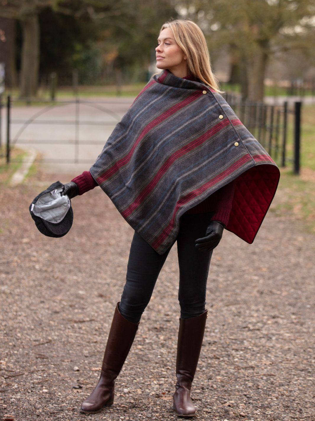 Made in England Tweed Shawl | Women’s dark grey wool shawl with multicolour stripes, bright red lining and gold John Partridge stud fastenings