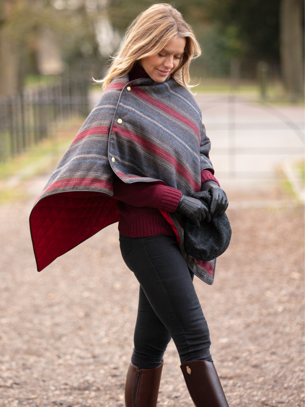 Made in England Tweed Shawl | Dark grey striped wool cape with red quilted lining, dark brown edging and polished gold stud details