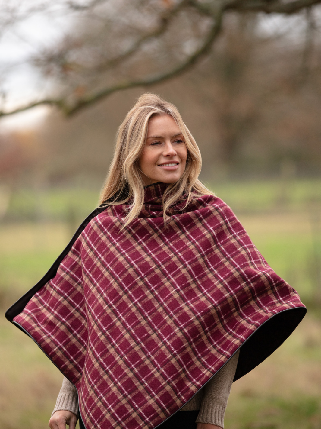 Made in England Tweed Shawl in Heavy Burgundy Check Wool with Chocolate Brown Satin Lining – Finished with Dark Brown Leather-Look Binding and Gold John Partridge Studs – Classic British Wrap for Women