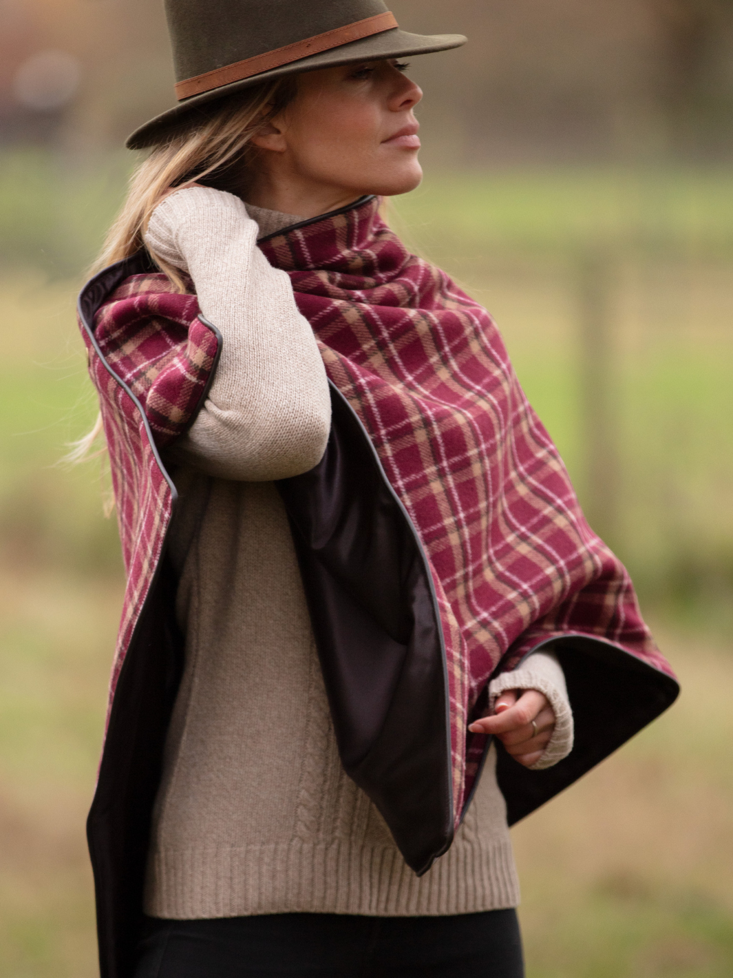 Made in England Tweed Shawl in Heavy Burgundy Check Wool with Chocolate Brown Satin Lining – Finished with Dark Brown Leather-Look Binding and Gold John Partridge Studs – Classic British Wrap for Women