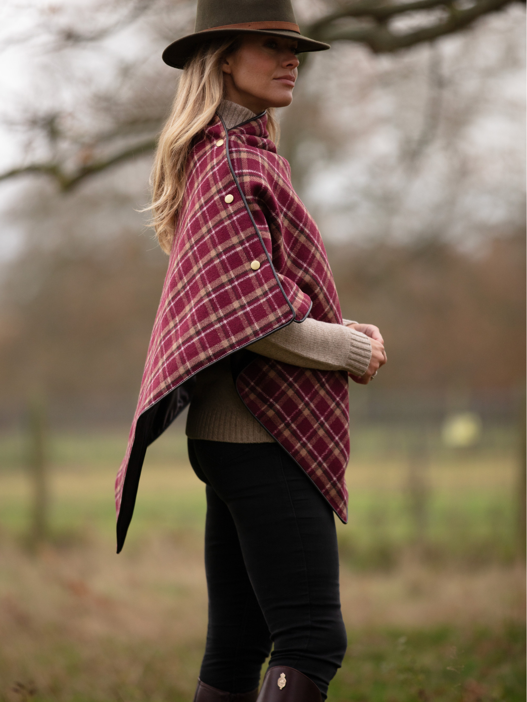 Made in England Tweed Shawl in Heavy Burgundy Check Wool with Chocolate Brown Satin Lining – Finished with Dark Brown Leather-Look Binding and Gold John Partridge Studs – Classic British Wrap for Women