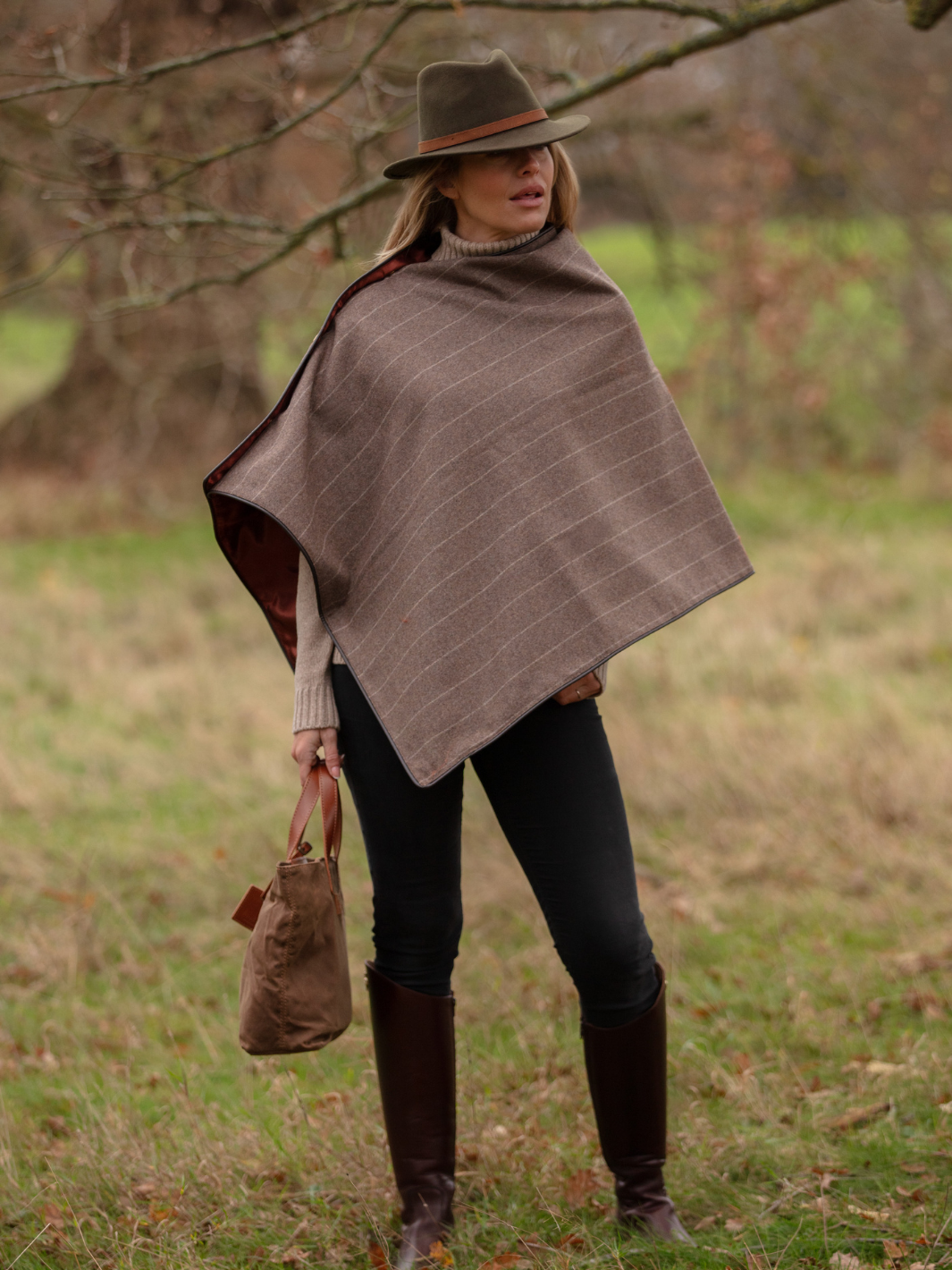 Made in England Tweed Shawl in Mouseback Grey 100% Wool with Subtle Stripe Detail and Rich Rust Satin Lining – Finished with Dark Brown Leather-Look Binding and Gold John Partridge Stud Fastenings – Classic British Wrap for Women
