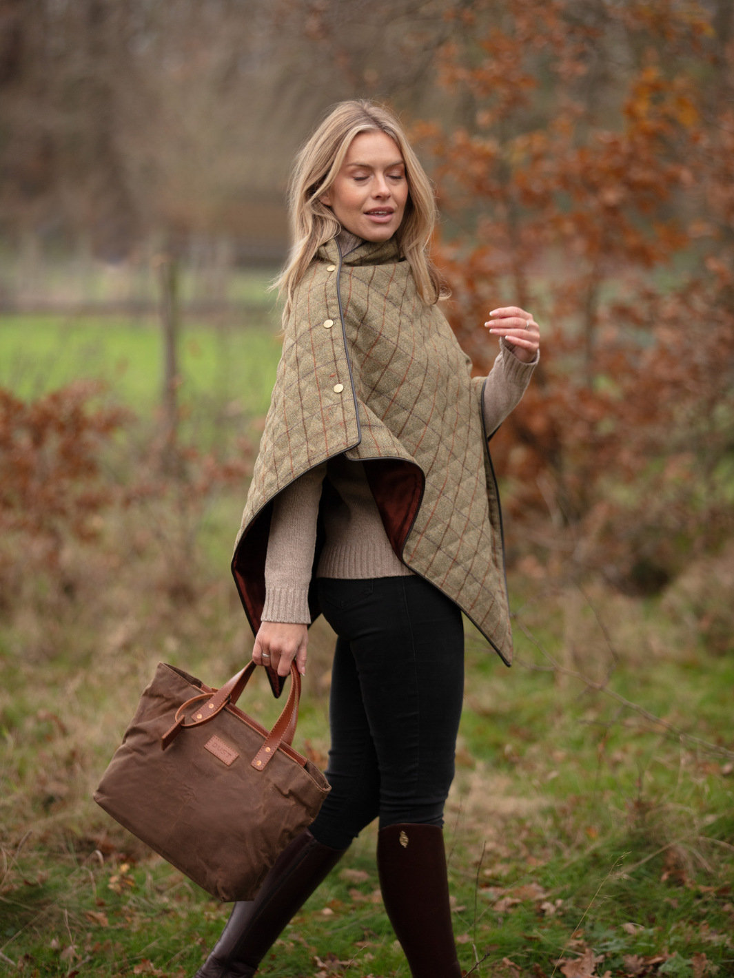 Made in England Quilted Tweed Shawl | Green and brown check wool cape for women with rust satin lining, dark brown edging and gold studsWomen