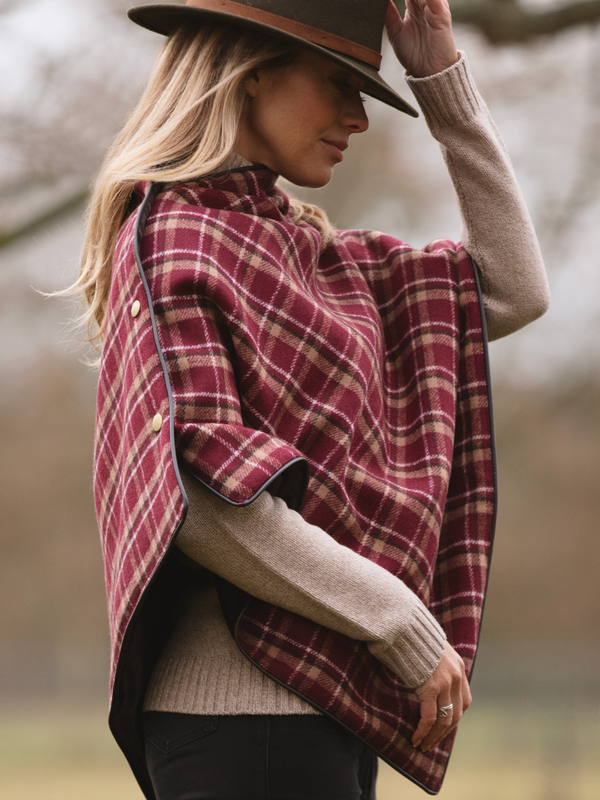 Made in England Tweed Shawl in Heavy Burgundy Check Wool with Chocolate Brown Satin Lining – Finished with Dark Brown Leather-Look Binding and Gold John Partridge Studs – Classic British Wrap for Women