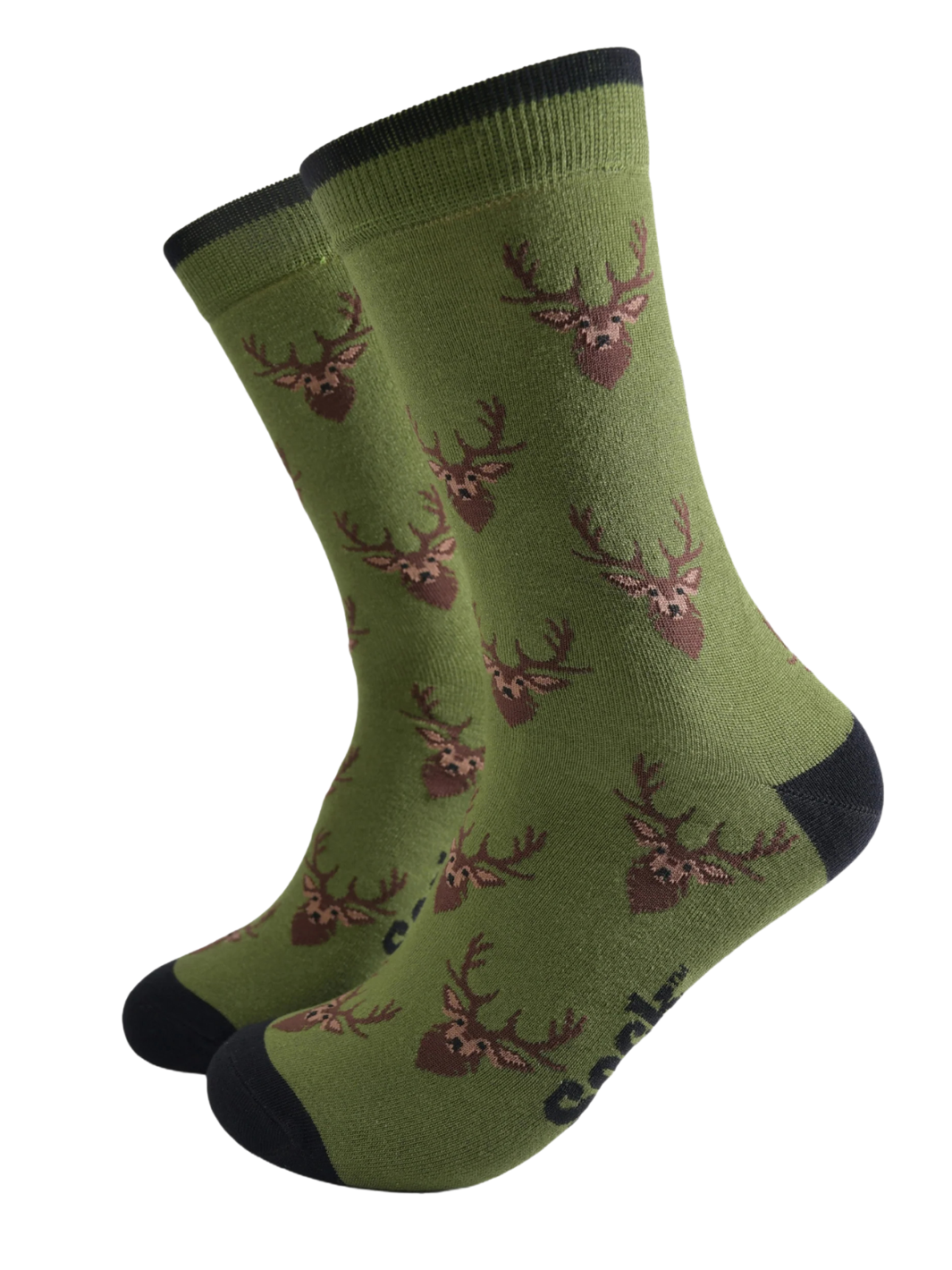 Unisex Stag Socks | Olive green socks with brown stag head pattern and black cuffs, heels and toes