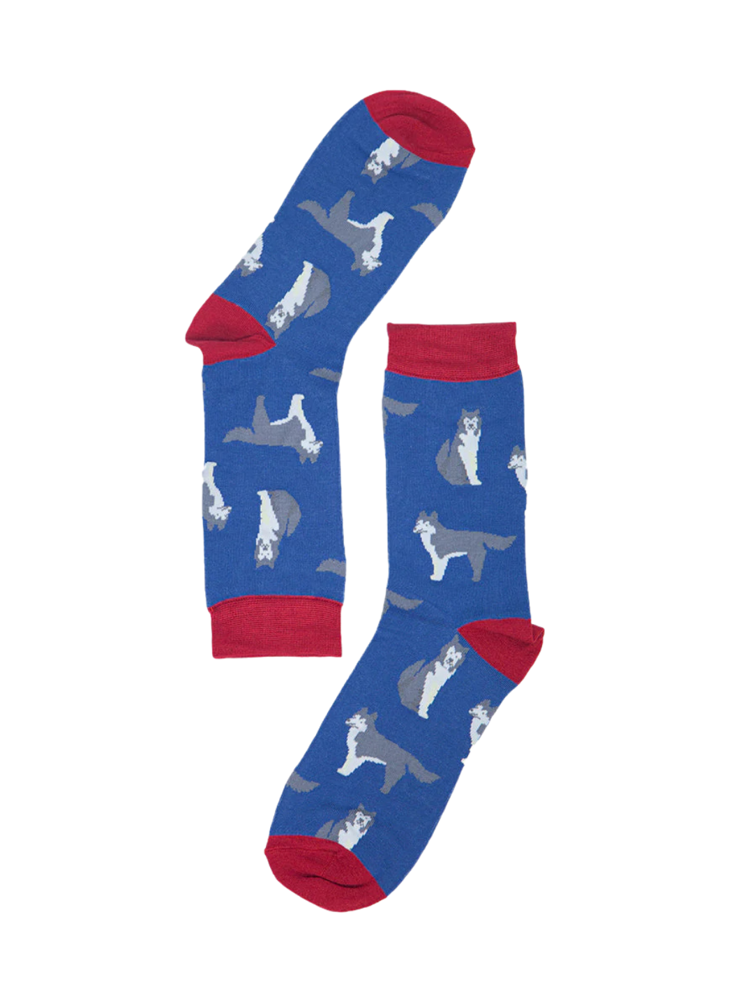 Unisex Husky Socks | Blue patterned socks with grey and white huskies, red cuffs, heels and toes
