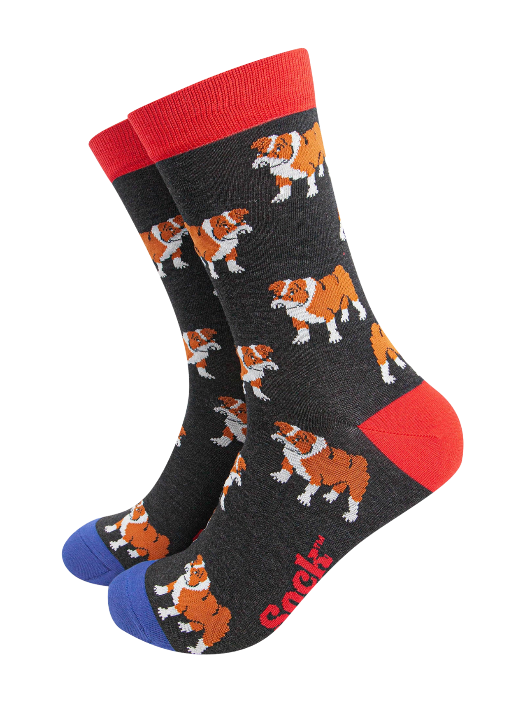 Unisex Bulldog Socks | Charcoal grey socks with orange and white bulldog pattern and bright red cuffs, heels and toes