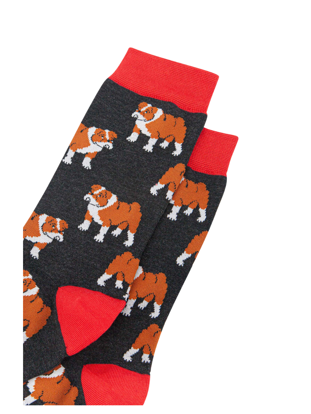 Unisex Bulldog Socks | Charcoal grey socks with orange and white bulldog pattern and bright red cuffs, heels and toes
