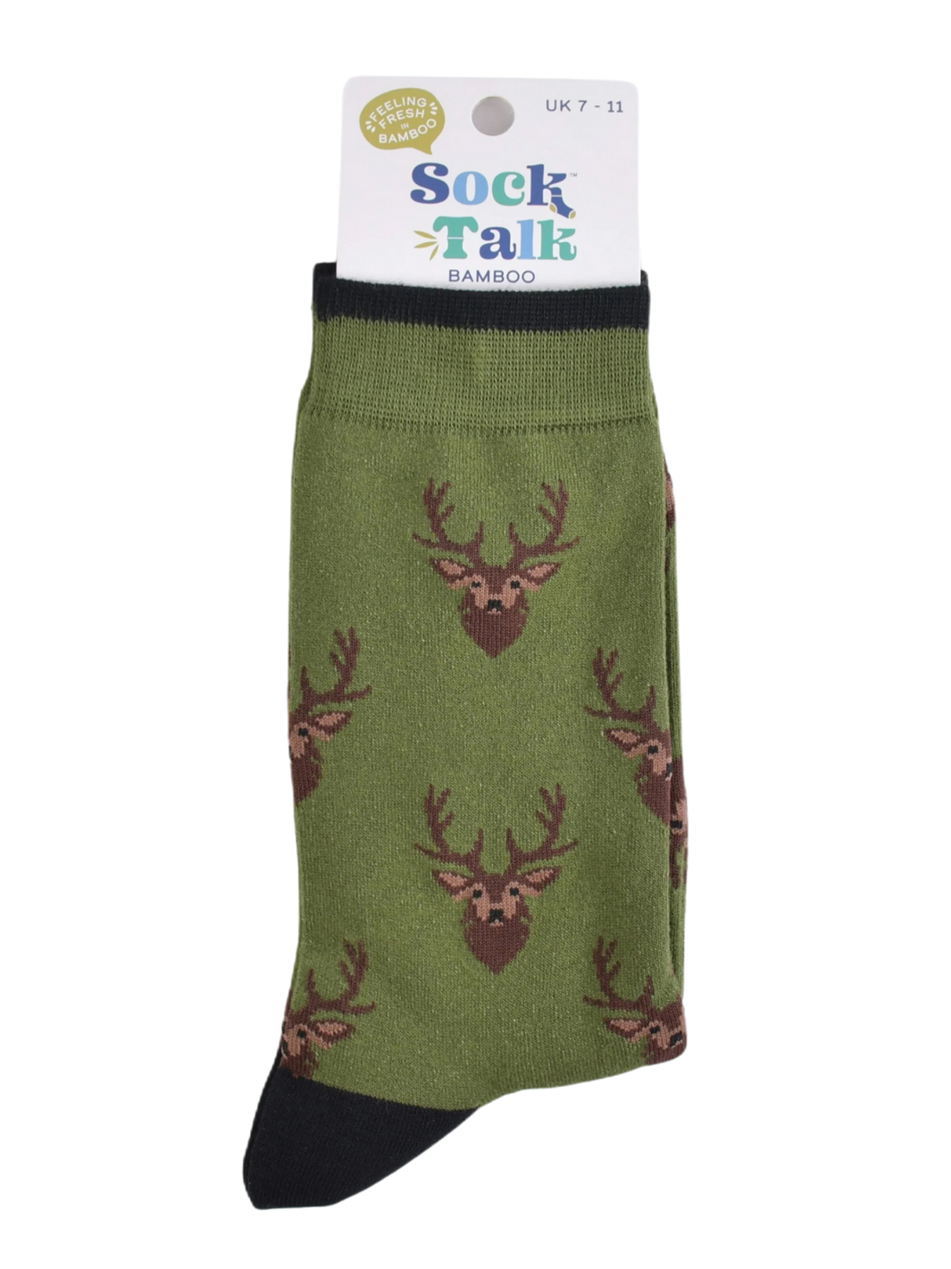 Unisex Stag Socks | Olive green socks with brown stag head pattern and black cuffs, heels and toes