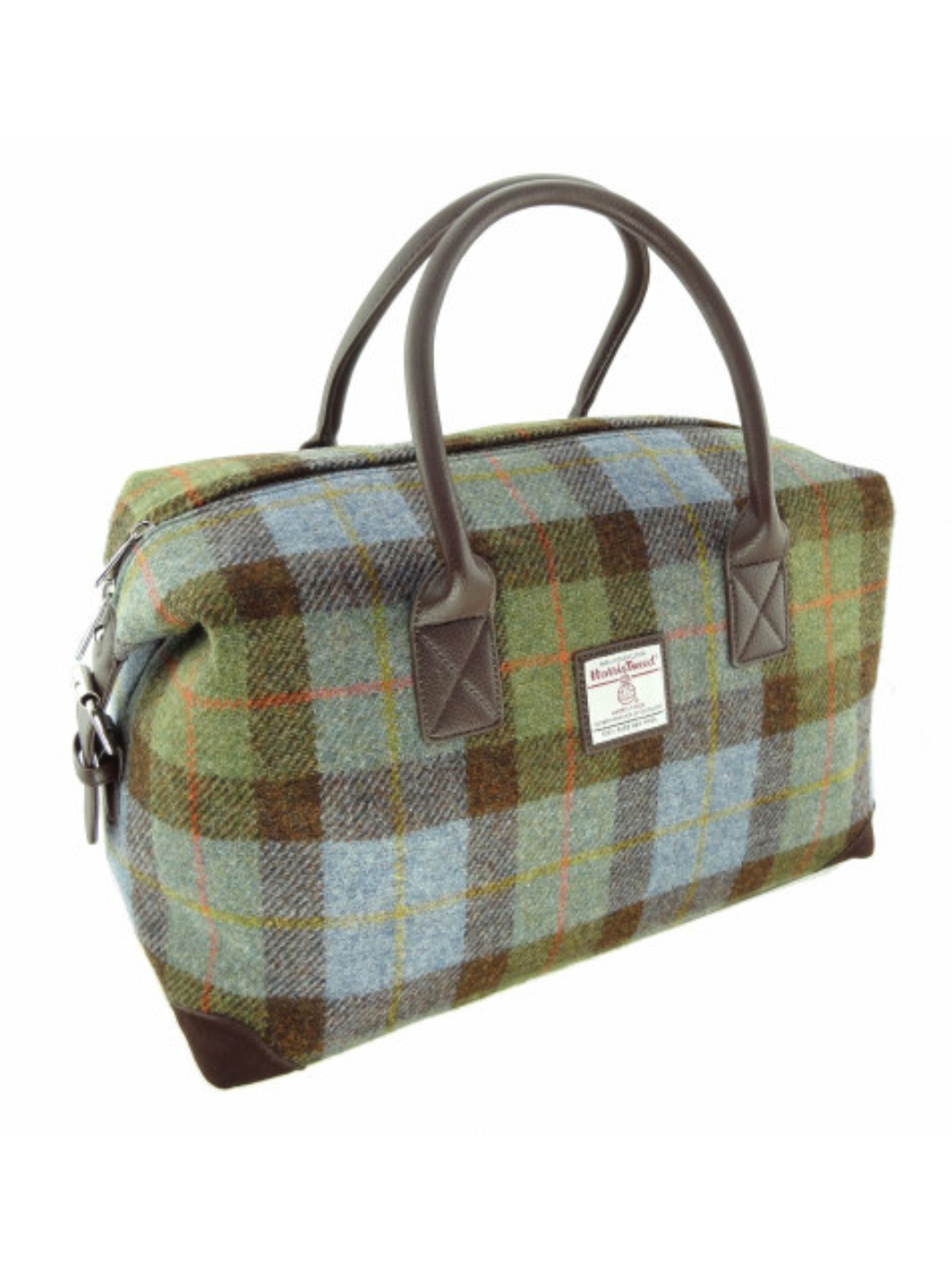 Tweed Holdall Bag | Green, blue and brown check travel bag with leather handles, zip fastening and branded front label