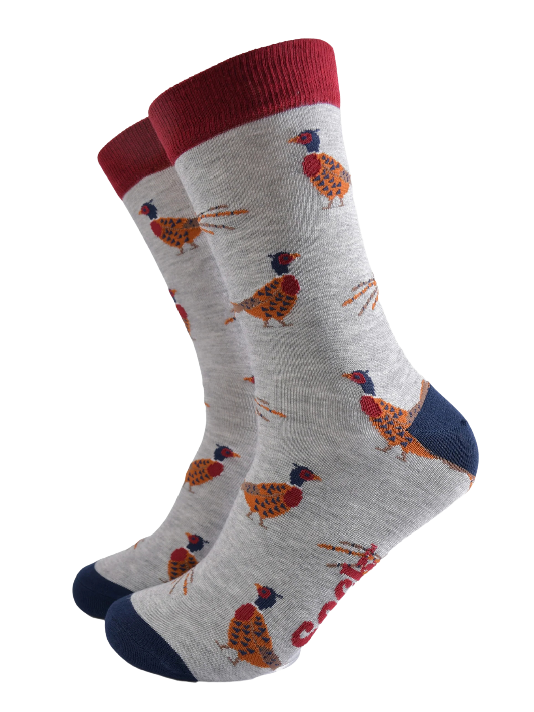 Unisex Pheasant Socks | Light grey socks with colourful pheasant print, red cuffs and navy heels and toes