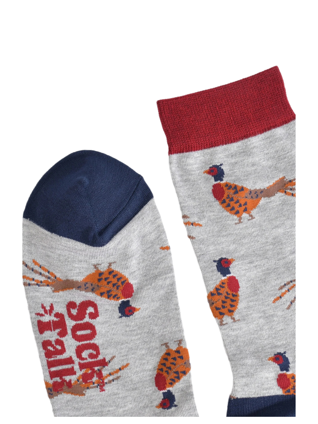 Unisex Pheasant Socks | Light grey patterned socks with colourful pheasants, red cuffs and navy heels