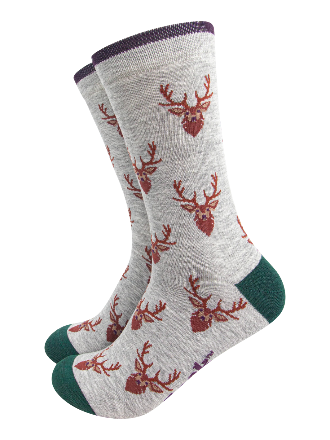 Unisex Stag Socks | Light grey socks with rust stag head pattern, dark purple cuffs and green toes
