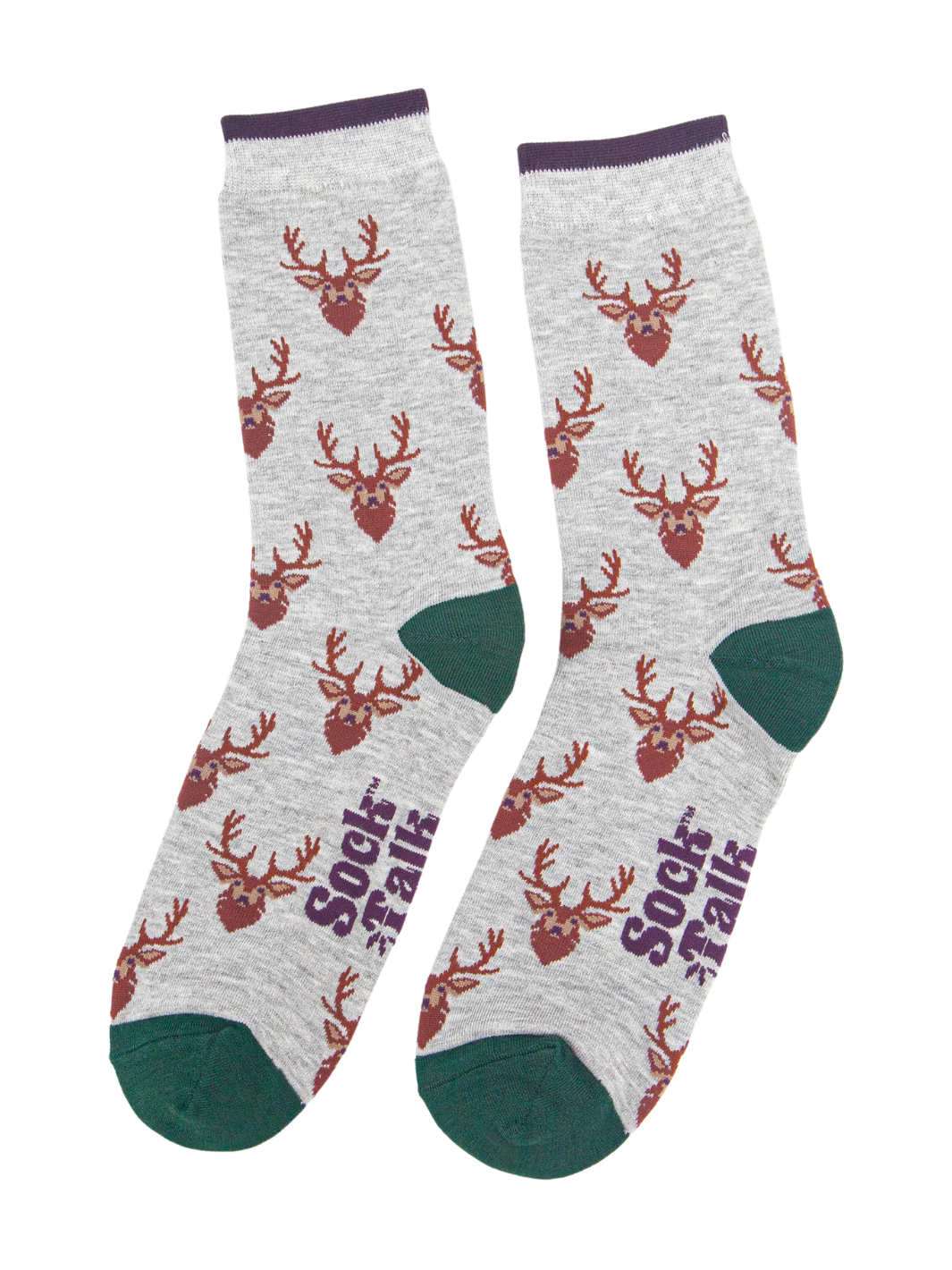Unisex Stag Socks | Light grey socks with rust stag head pattern, dark purple cuffs and green toes