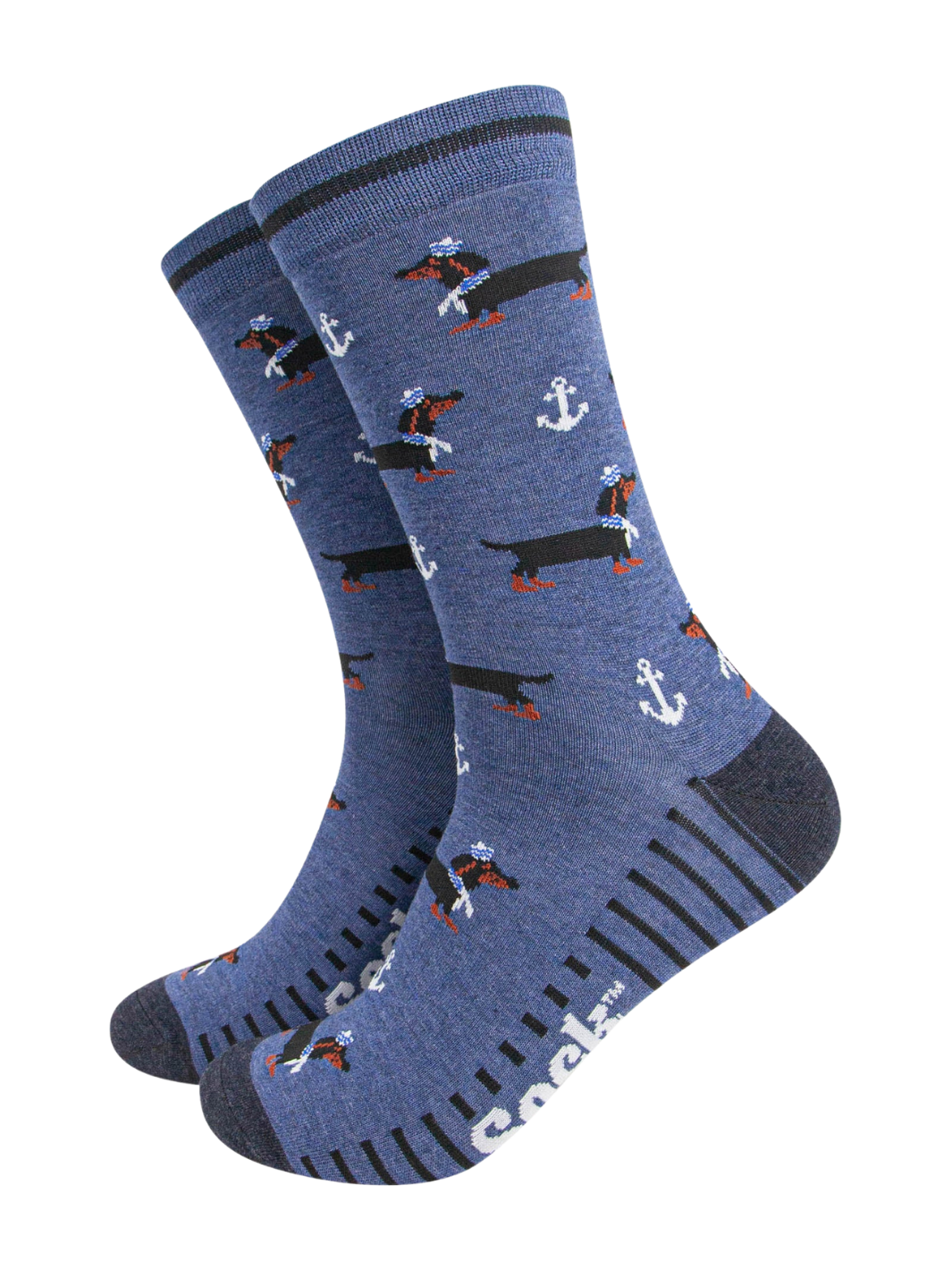 Men’s Dachshund Socks | Blue patterned socks with dachshund dogs, white anchors, striped soles and dark grey heels and toes
