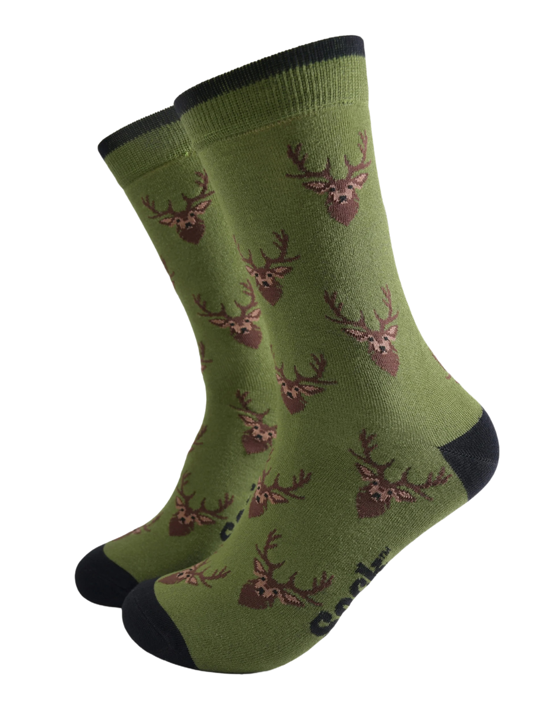 Unisex Stag Socks | Olive green socks with brown stag head pattern and black cuffs, heels and toes