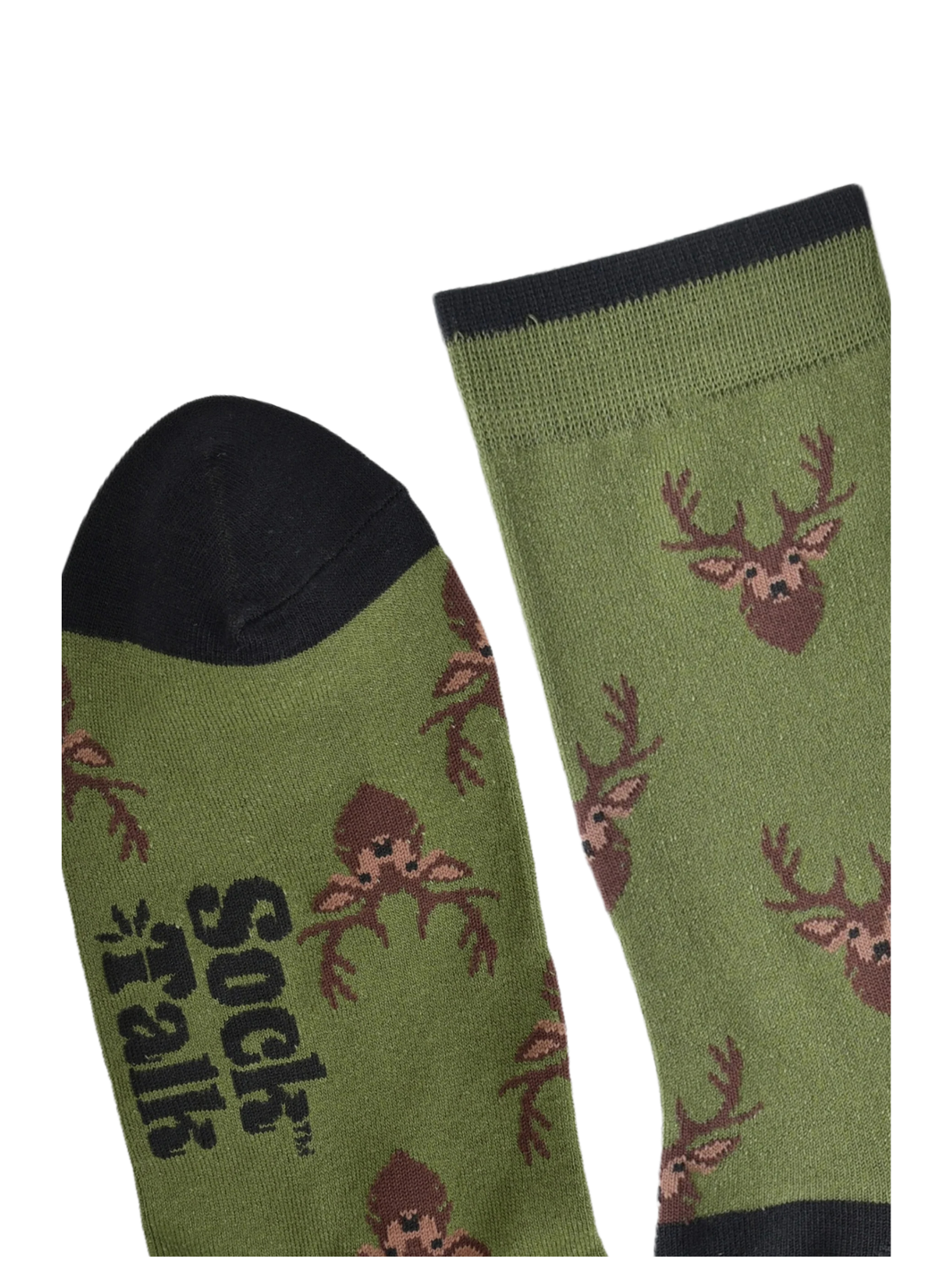 Unisex Stag Socks | Olive green socks with brown stag head pattern and black cuffs, heels and toes