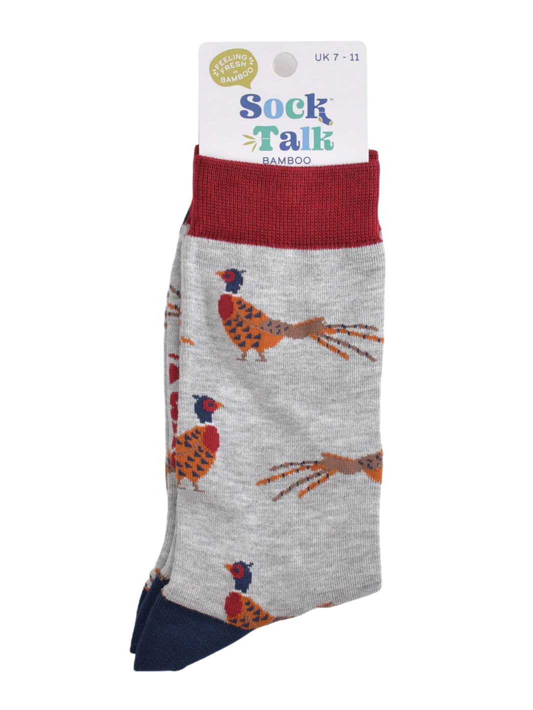 Unisex Pheasant Socks | Light grey socks with colourful pheasant print, burgundy cuffs and navy heels and toes