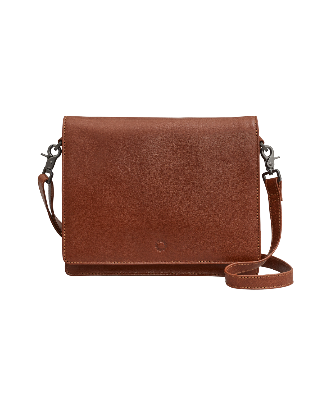 Women’s Leather Crossbody Bag | Tan brown leather satchel with flap front, adjustable shoulder strap and subtle embossed logo