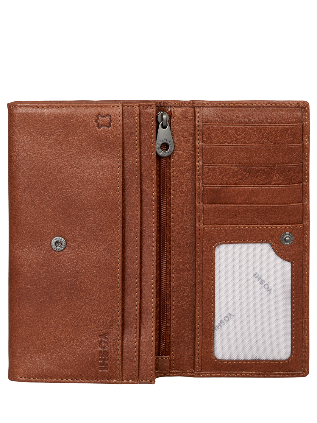 Women’s Leather Purse | Tan brown leather wallet with multiple card slots, central zip pocket, ID window and press-stud fastening