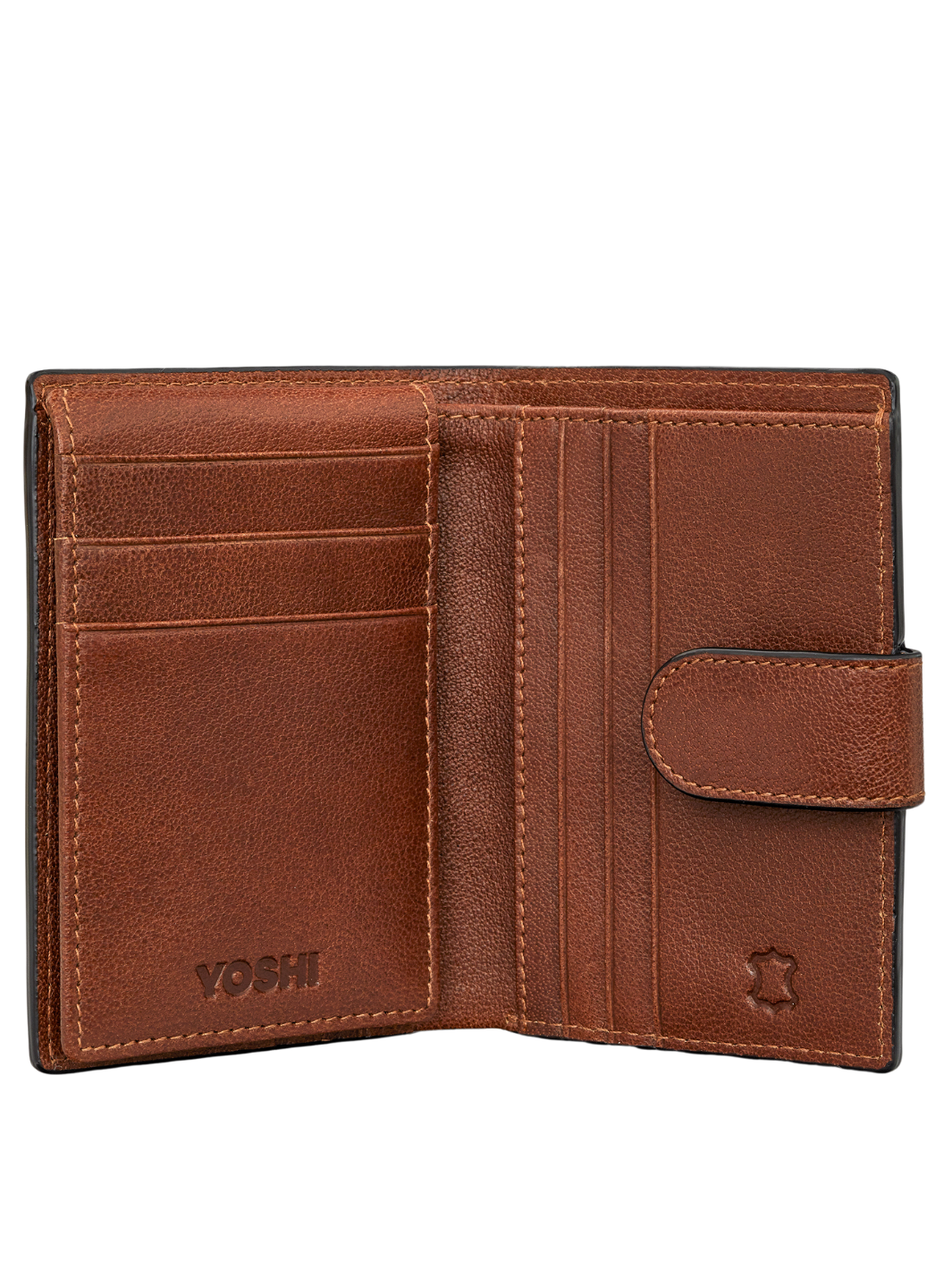 Men’s Leather Wallet | Tan brown leather wallet with multiple card slots, press-stud tab and embossed branding