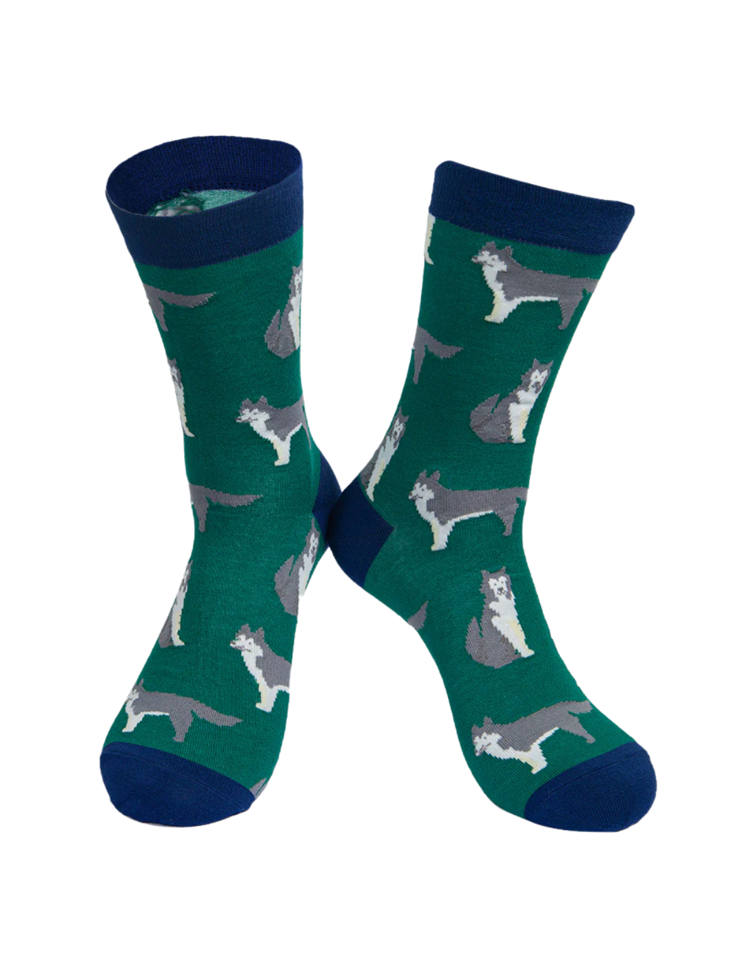 Unisex Husky Socks | Green patterned socks with grey and white huskies, navy cuffs, heels and toes