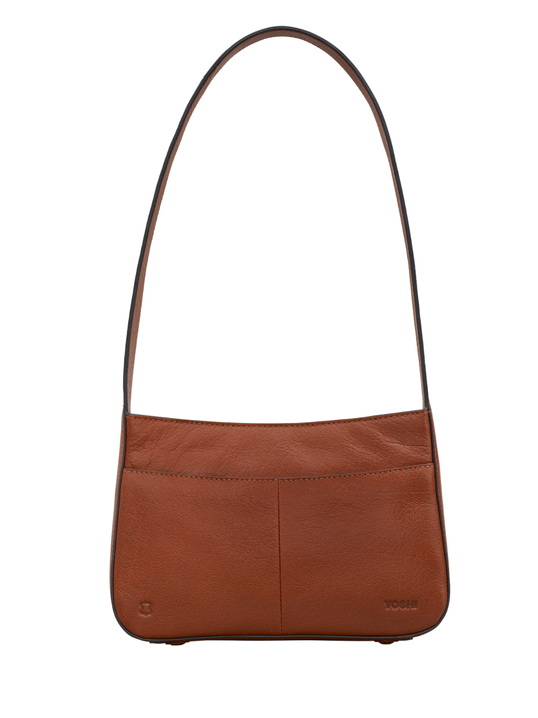 Women’s Leather Shoulder Bag | Tan brown leather bag with a slim rectangular shape, long shoulder strap and subtle embossed logo
