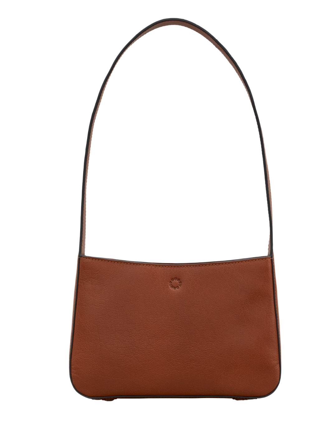 Women’s Leather Shoulder Bag | Tan brown leather bag with a slim rectangular shape, long shoulder strap and subtle embossed logo