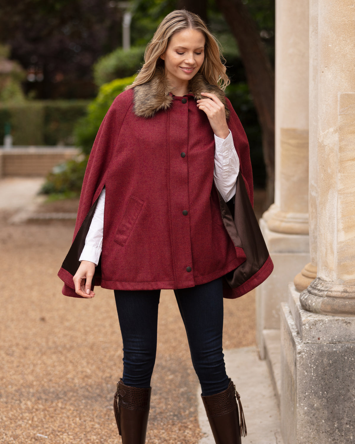 Newbury Tweed Cape with Faux Fur Collar - Jalapeno Red - John Partridge & Co