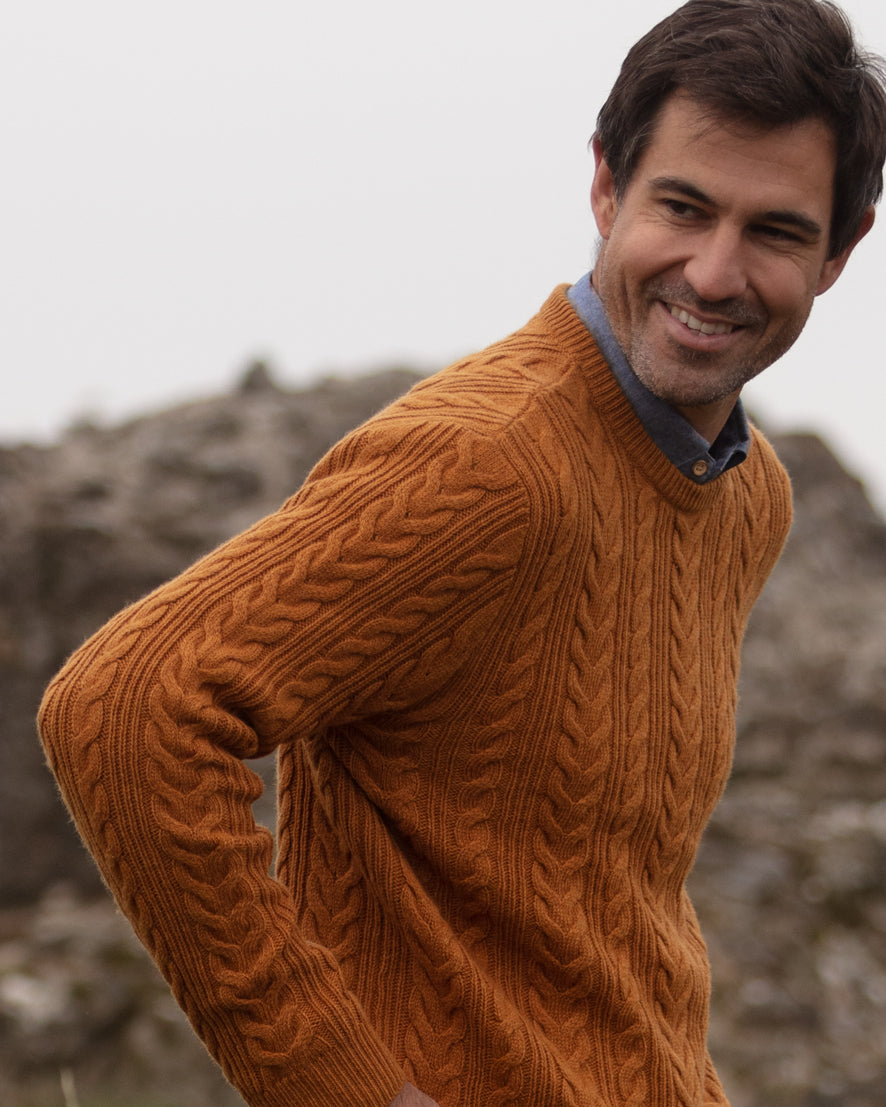 Herringbone Crew Neck Jumper - Mustard | John Partridge