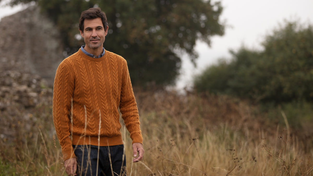 Herringbone Crew Neck Jumper - Mustard | John Partridge