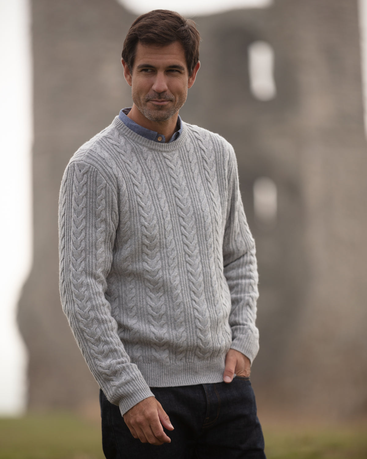 Herringbone Crew Neck Jumper - Grey | John Partridge
