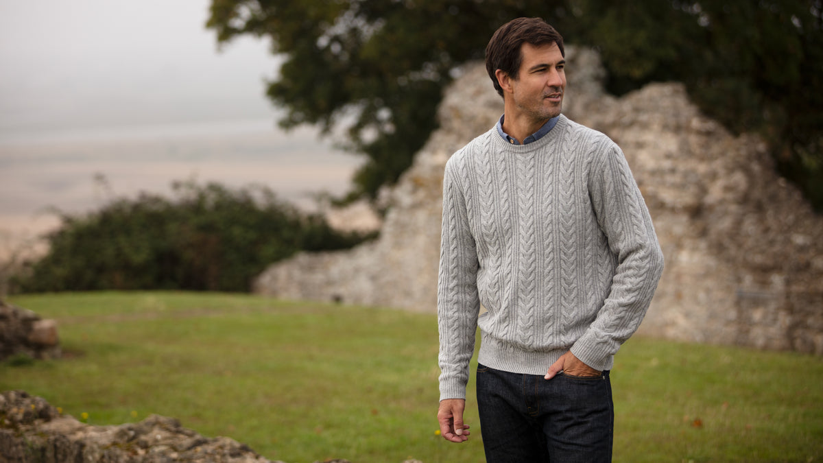Herringbone Crew Neck Jumper - Grey | John Partridge