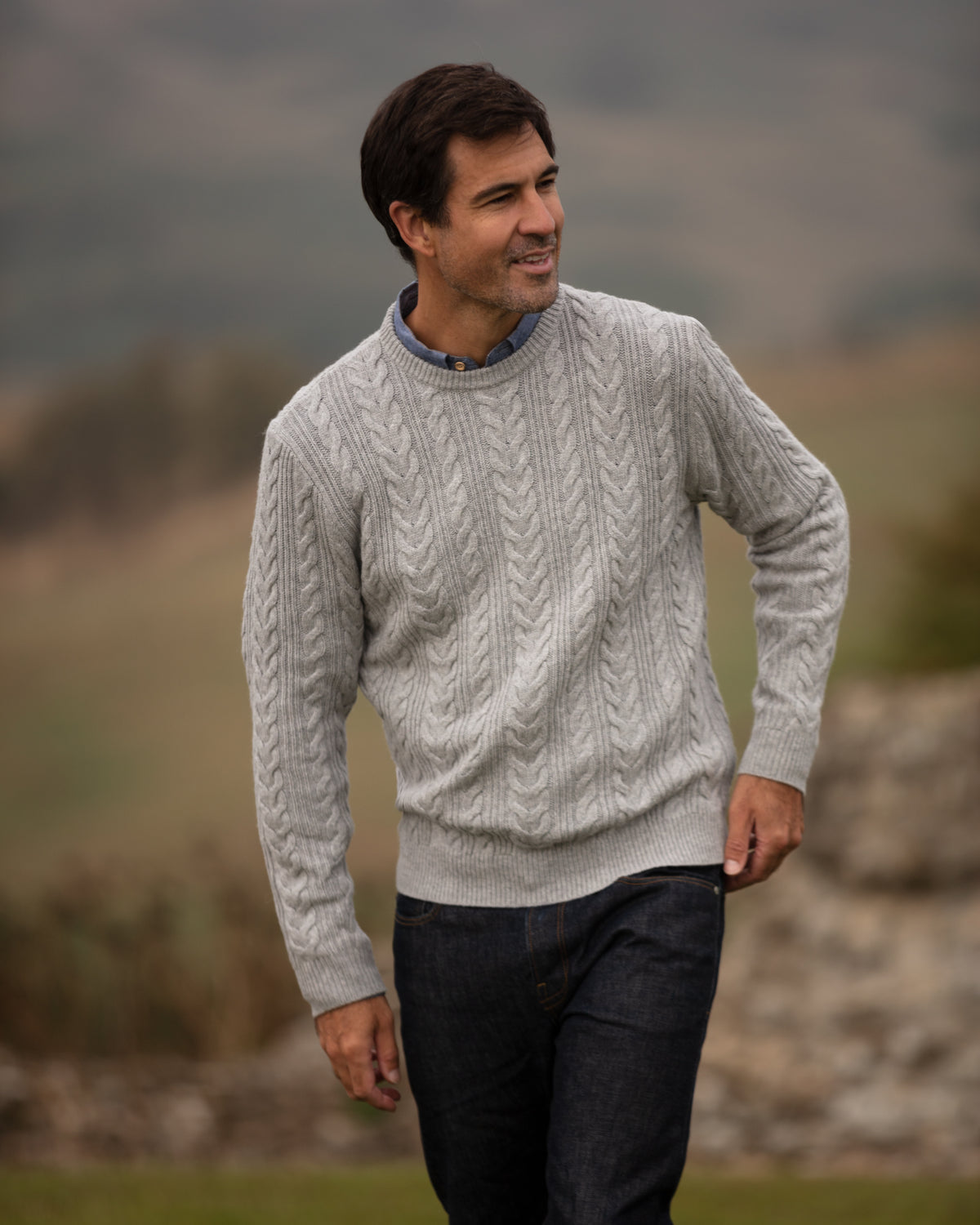 Herringbone Crew Neck Jumper - Grey | John Partridge