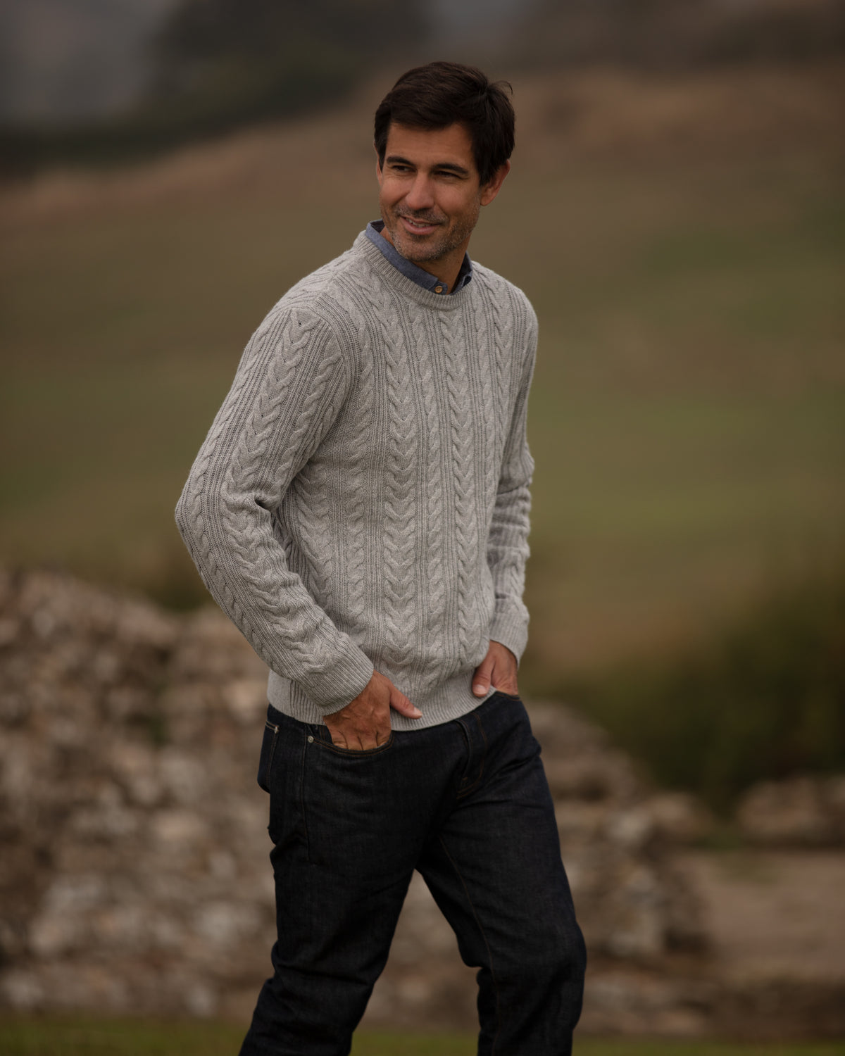 Herringbone Crew Neck Jumper - Grey | John Partridge