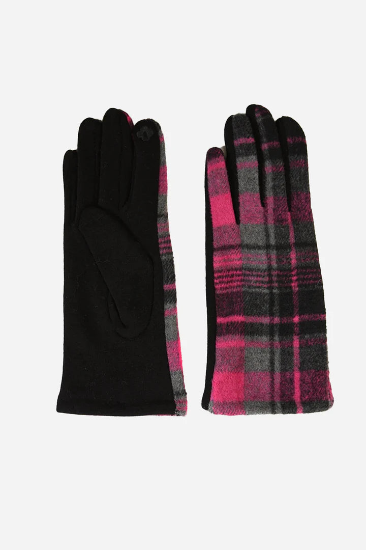 Black Fuchsia Pink Check Print Gloves