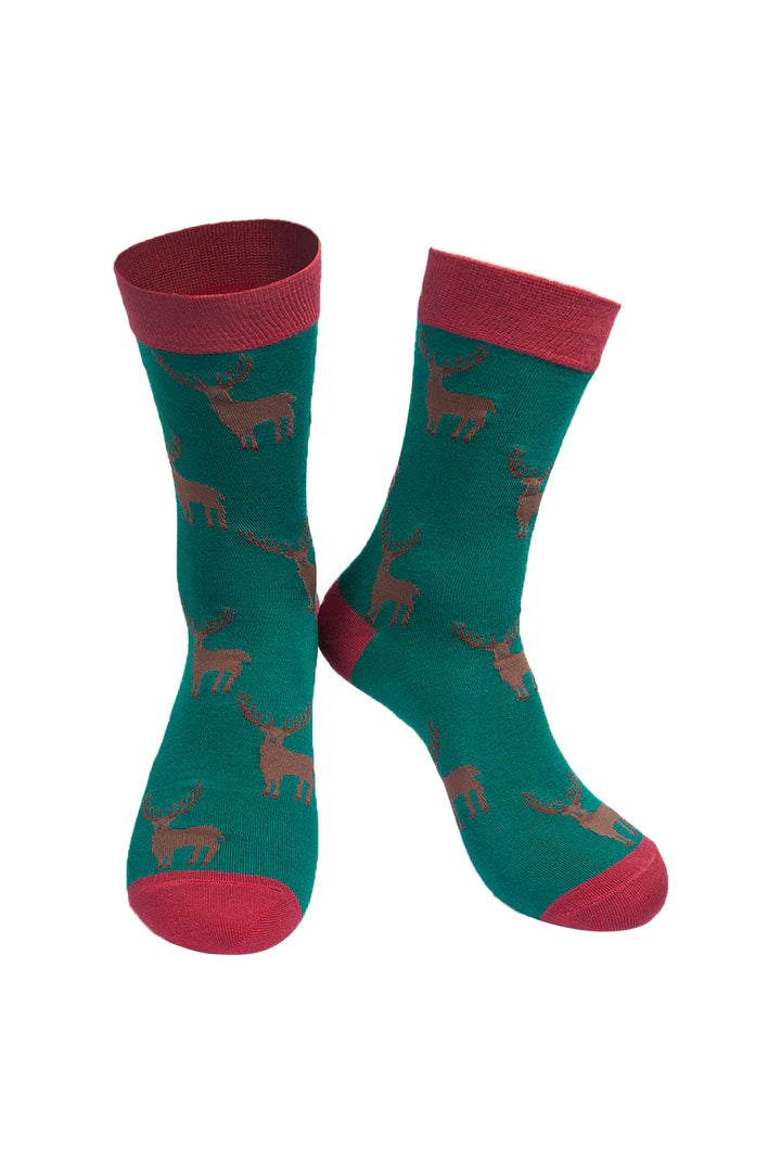 Green Brown Stag Print Bamboo Mix Socks