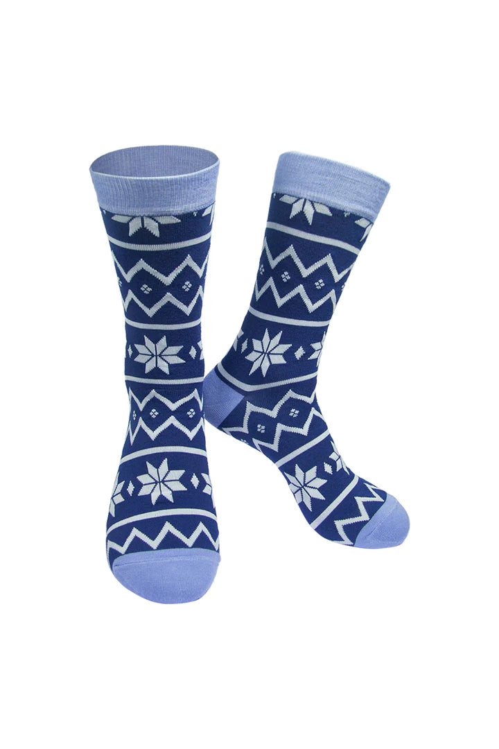 Navy Blue Fair Isle Christmas Print Bamboo Mix Socks