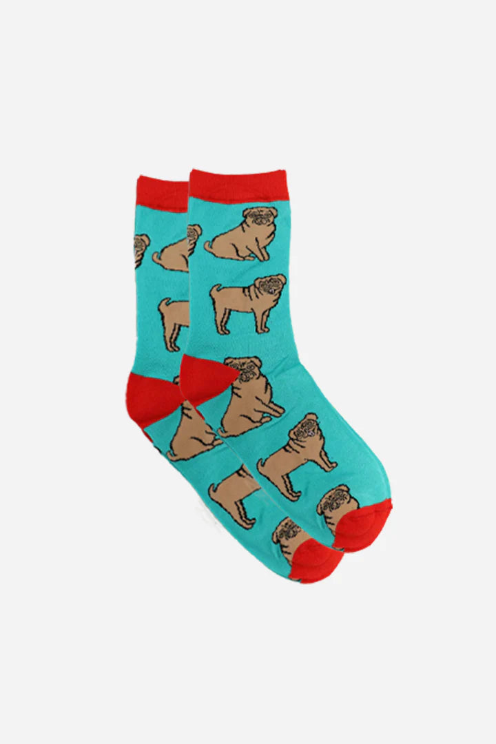 Blue Red Pug Dog Print Bamboo Mix Socks
