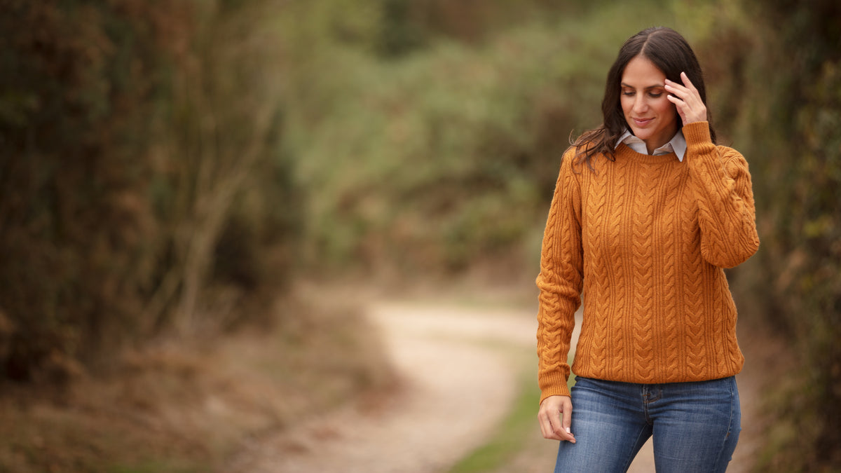 Herringbone Crew Neck Jumper - Mustard | John Partridge