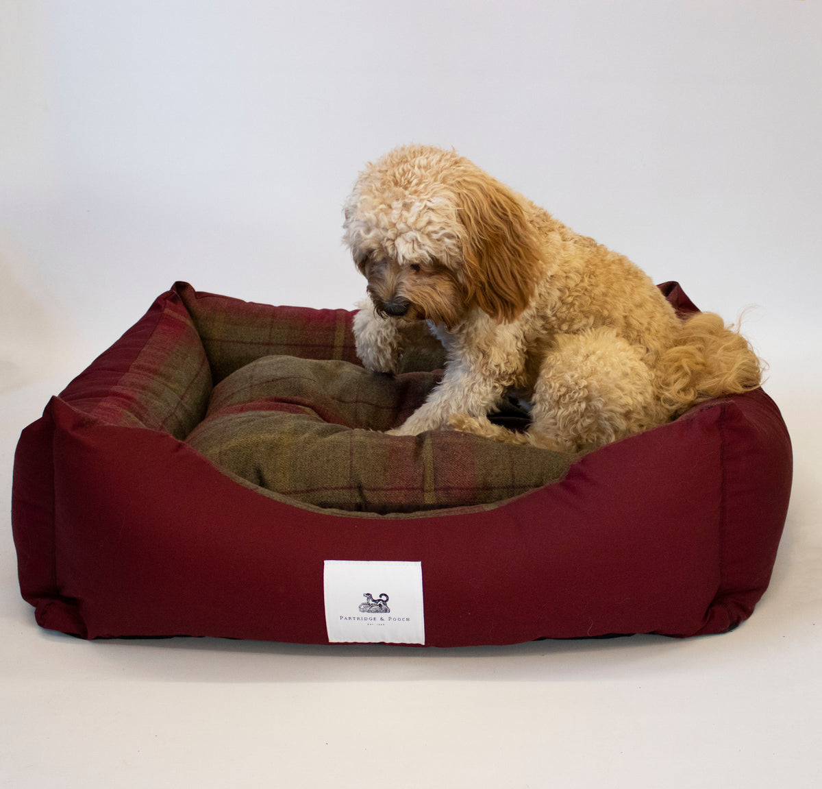 Amherst 2 in 1 Dog bed - Mulberry Red with Square Check - John Partridge & Co